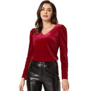 Velvet V-Neck Long Sleeve Gilding Metallic Stars Top Red